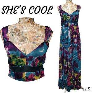 She's Cool Peacock Colorful Long Halter Top Empire Waist Flowy Maxi Dress
